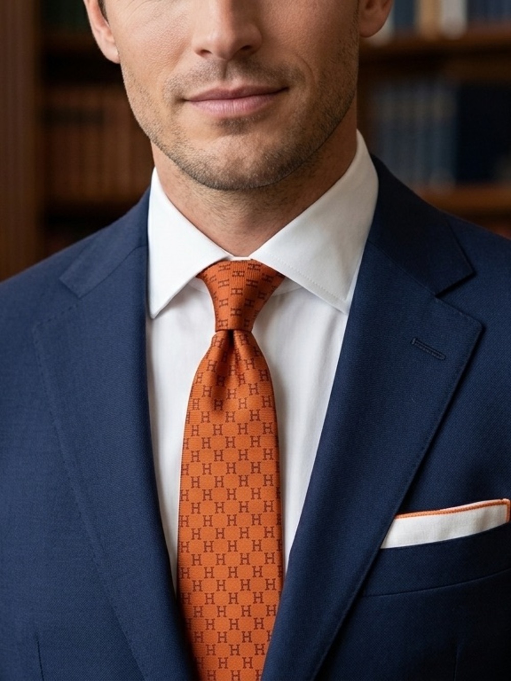 Hermes Neiman Marcus Burnt Orange Silk Tie with Woven H Motif - Picture 5 of 16